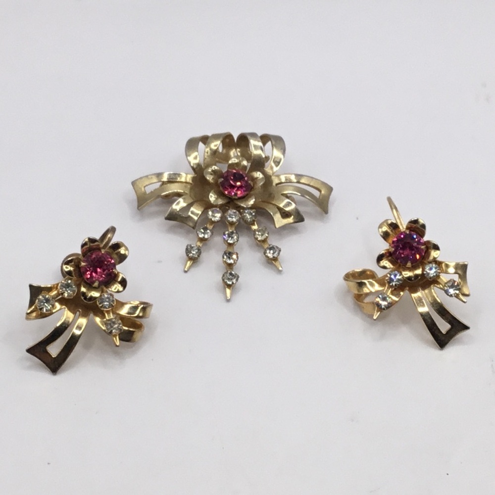 Vintage Pink Rhinestone Bow Ribbon Brooch/Pendant Earrings Set - Picture 2 of 10